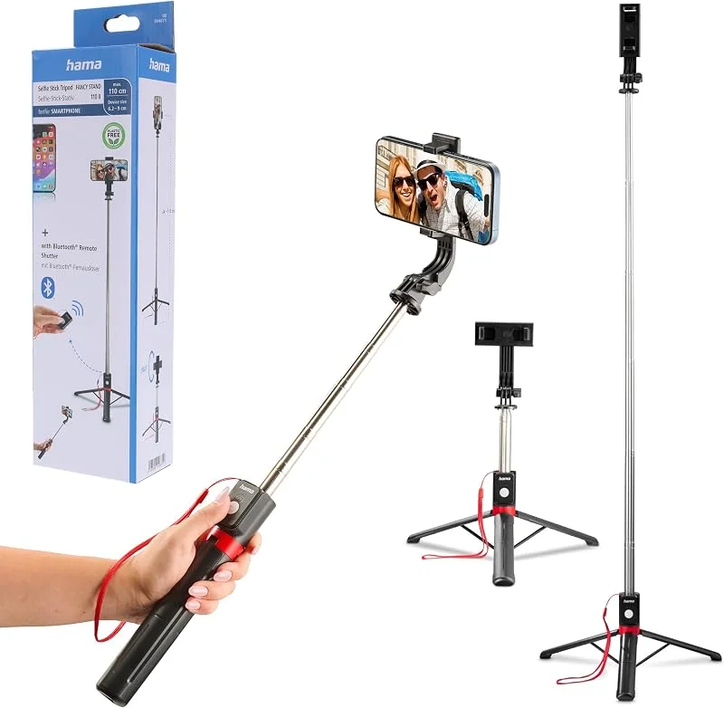 Hama Stativ 2-i-1 selfiepinne Fancy Stand 110 II (31–110 cm stativ, ultralätt, mobiltelefonhållare, Bluetooth fjärrutlösare, aluminium) svart — Mobil och surfplatta