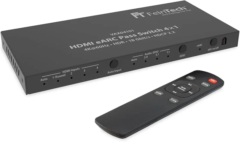FeinTech VAX04101A HDMI eARC Pass-switch 4x1 – HDMI-ljudextraktor för eARC-ljudbar, 3 mediaspelare och 1 skärm, stöder 4K 60 Hz, HDR, Dolby Vision, Dolby Atmos, DTS — TV och streaming