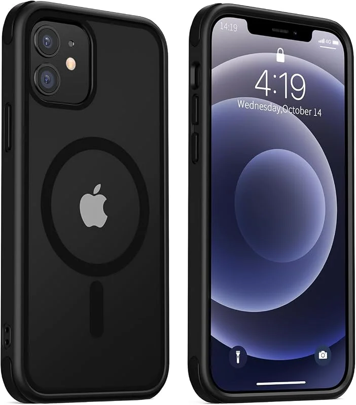 MobNano Hybrid genomskinligt magnetiskt iPhone 12-fodral, iPhone 12 Pro-fodral, trådlös laddning MagSafestöd silikon stötsäkert stötfångare hård transparent utomhus fotbollstelefon 12 12pro - svart — Mobil och surfplatta