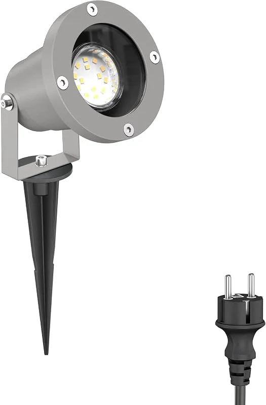 ledscom.de Trädgårdsspotlight DUK med jordspik för utomhusbruk, IP65, plugg, grå, inkl. GU10 LED 227lm varm vit — Smart belysning