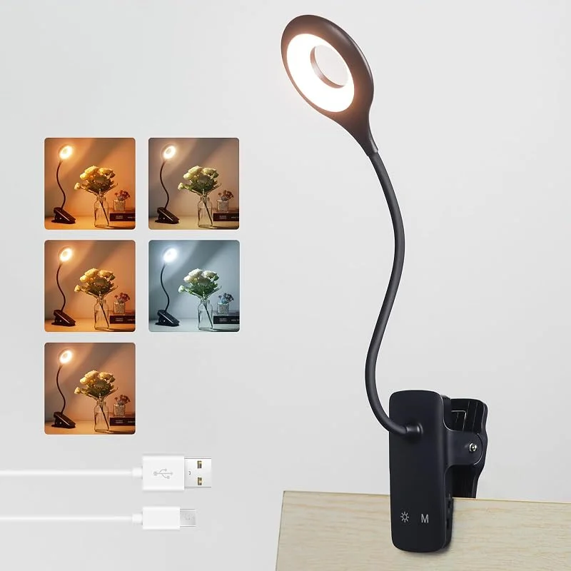 Akynite Clip-on lampa LED skrivbord 5 ljusstyrka+5 färger uppladdningsbar lampa — Hushållselektronik