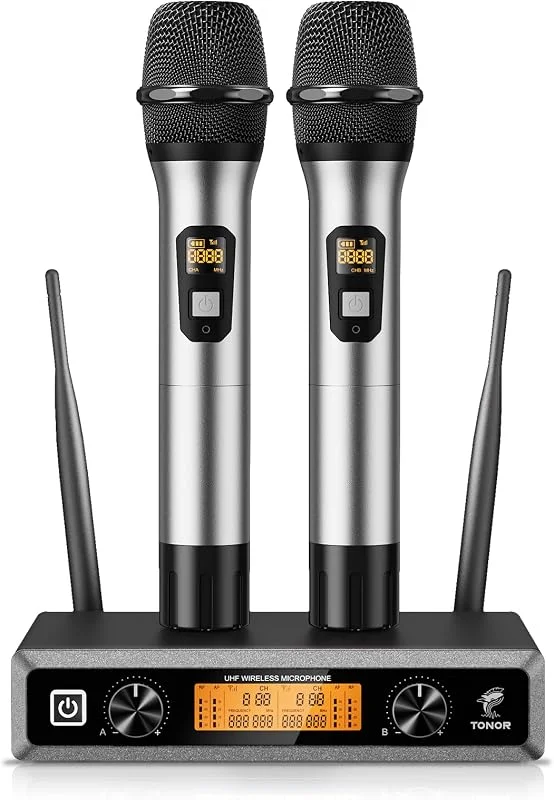 TONOR Dubbelt Handhållet Trådlöst Mikrofonsystem Professionellt UHF Trådlöst Handhållet Mikrofonsystem, KTV Home Set för Karaoke, DJ, Party, 60 meter, TW820, Silverfärgad — Portabel digital och ljud