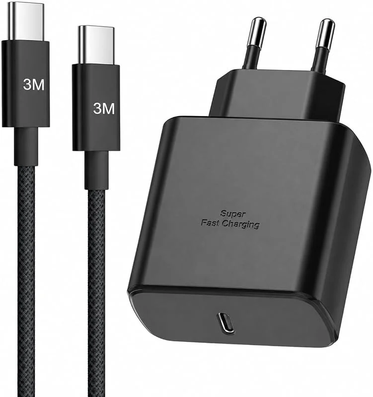 45 W snabb USB C-laddare för Galaxy S26, S25, S25 Ultra, S24, S24 Ultra, S23, S23 Ultra, S22, S21, A55, A54, A15, A14, USB C-kontakt med nylon 3 m USB-kabel c snabbladdning — Mobil och surfplatta