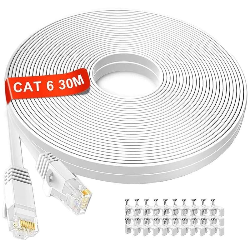 Ethernet-kabel 30m hög hastighet, Cat6 platt internetkabel 30 meter lång nätverkskabel, 250 MHz Gigabit LAN-kabel kompatibel med Cat5, RJ45-kontakt Patchkabel för modem switch router — Laddning och kablar