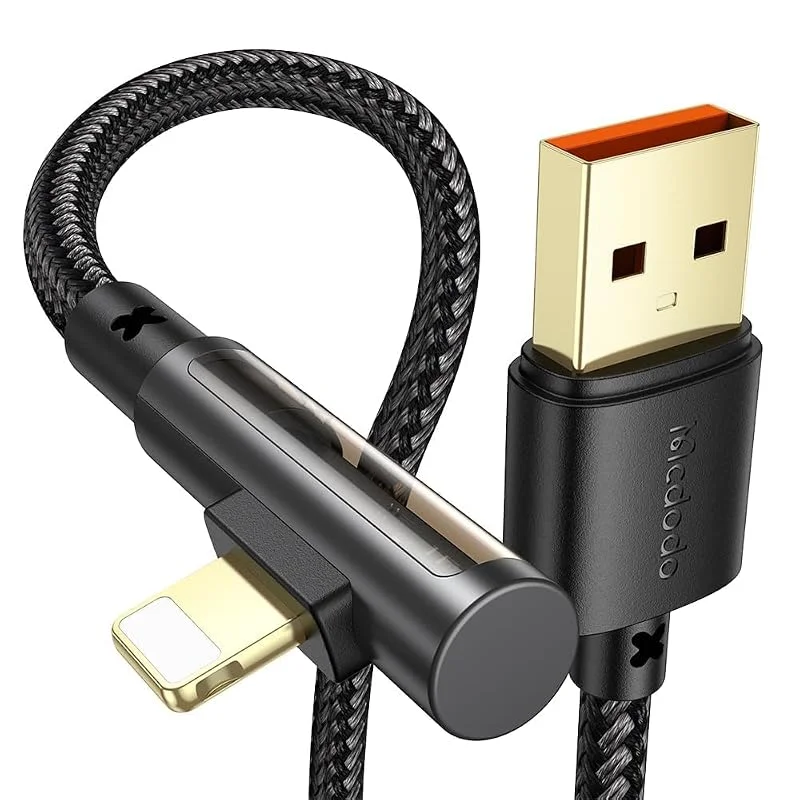 mcdodo iPhone Lightning-kabel USB 90 graders vinklad kontakt - Transparent iPhone snabbladdningskabel 1, 2 m med 3A max, kompatibel med iPhone X, XR, XS, 11, 12, 13, 14, SE, iPad, AirPods — Mobil och surfplatta