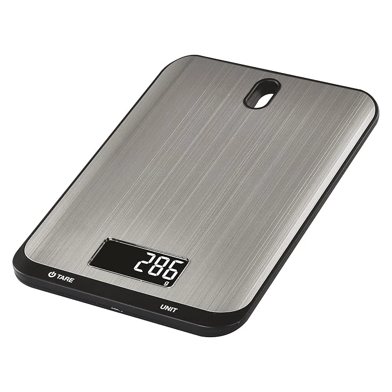 EMOS – digital köksvåg med väggfäste – av rostfritt stål – 10 kg maximal vikt, precision upp till 1 g – TARA-funktion, LCD-skärm, inkl. batterier – i g, kg, ml, oz, lb, tl justerbar – silver — Kök & Hushåll
