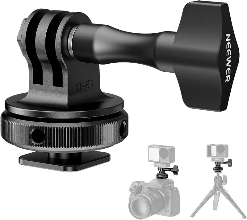 NEEWER Action Kamera Cold Shoe Mount Adapter, kompatibel med GoPro tillbehör Go Pro DJI Insta360 AKASO, metall Hot Shoe-hållare med 1, 4 tum gänga för ministativ selfie pinne, 180° lutning, GP-63 — Mobil och surfplatta