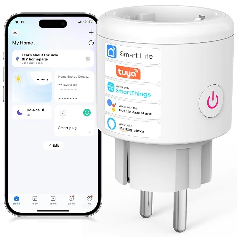SURFOU Mini Smart Plug, 16A Smart Compact Plugs, Kompatibel med Alexa, Google Home, Fjärrkontroll, Strömförbrukningsmätning, Röststyrning, Tidsfunktion — Smarta hem