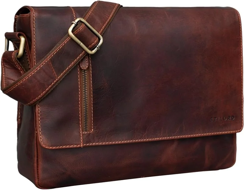 STILORD "Davis" axelväska läder 13 tum laptopväska retro axelväska för universitet kontor bokväska messenger väska äkta läder för damer och herrar Farbe:Muskotbrun — Datortillbehör