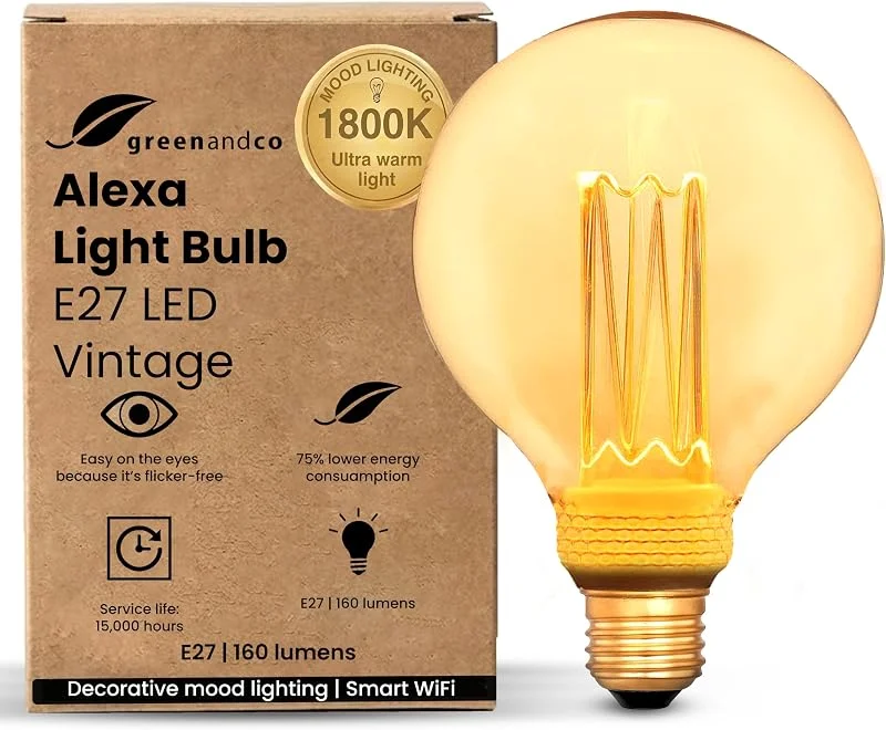 greenandco E27 LED Lampa Vintage Smart WiFi G95 Bärnsten 3.8W 160lm 1800K — Smarta hem