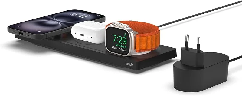 Belkin MagSafe 3-i-1 snabb trådlös laddare, MFi-certifierad snabbladdande reseplatta för iPhone 13 och 14, 14 Plus, Pro, Max, Mini, Apple Watch 8, 7, 6, Ultra och tidigare, AirPods 2, och AirPods Pro — Mobil och surfplatta