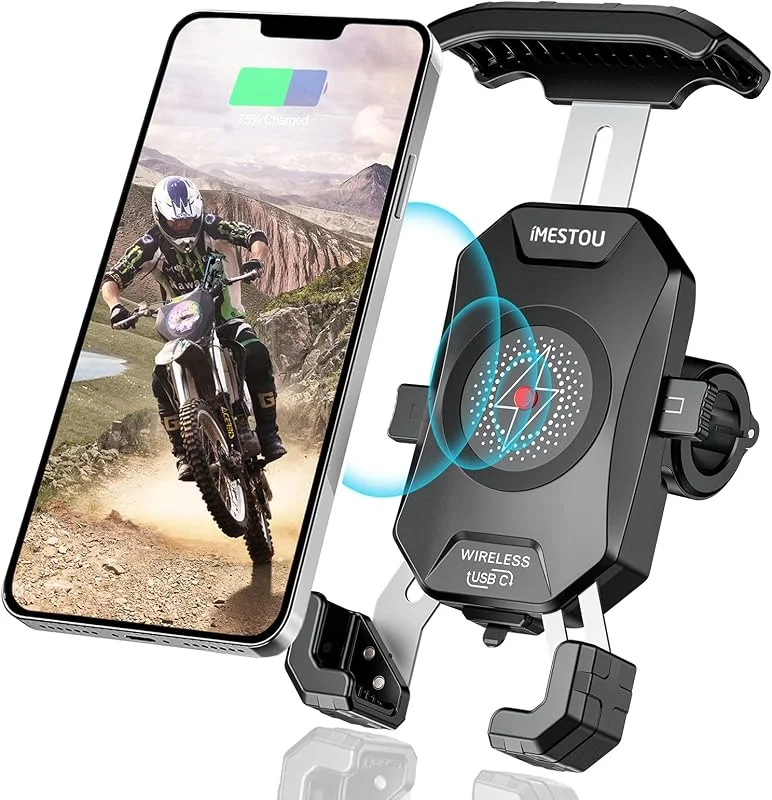 iMESTOU Motorcykel trådlös telefonmonteringsladdare Qi 15 W och USB C 3, 0 A laddning samtidigt genom att ansluta till 12 V, 24 V fordon, USB A-uttag med aluminiumstyrbas 360 rotation för 4-7 tum — Mobil och surfplatta