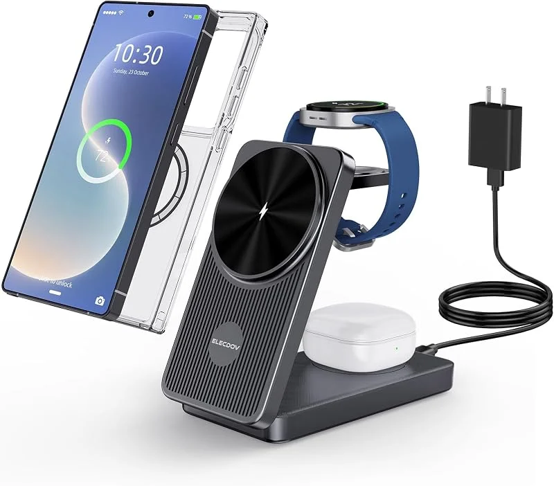 Magnetisk Trådlös Laddare för Samsung Galaxy S26 Ultra, S26, S25 Ultra, S24, S23, Z Fold 7, Flip 7, 3‑i‑1 Laddstation för Samsung Galaxy Watch 8, 7, 6, Vikbar Resestativ för Buds 4 Pro, 4, 3 Pro — Mobil och surfplatta