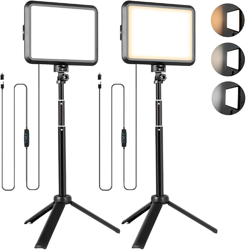 NiceVeedi Fotografi belysnings kit, 2-pack LED-skrivbordsvideolampa 2800K-6500K för filmning, zoom, spel, streaming, videokonferens, TikTok, 14 x 18 cm dimbar studiolampa med 40–60 cm bärbart stativ — Mobil och surfplatta