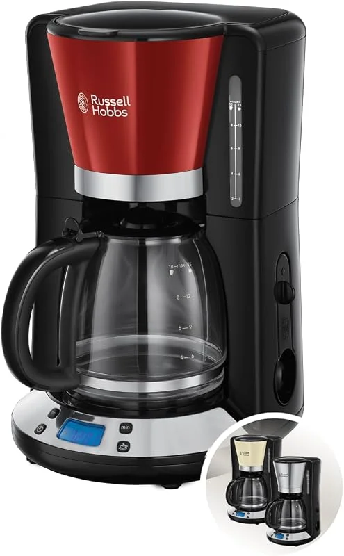 Russell Hobbs kaffebryggare, digital programmerbar timer, 1.25l glaskanna, upp till 10 koppar, varmhållningsfunktion, automatisk avstängning, 1100W, filterkaffe, röd, Colors Plus 24031-56 — Kök & Hushåll