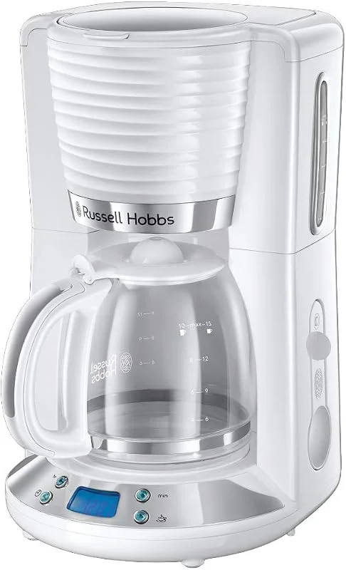 Russell Hobbs Inspire kaffebryggare, digital programmerbar timer, 1.25l glaskanna, upp till 10 koppar, varmhållningsfunktion, automatisk avstängning, 1100W, filterkaffe, vit, 24390-56 — Kök & Hushåll