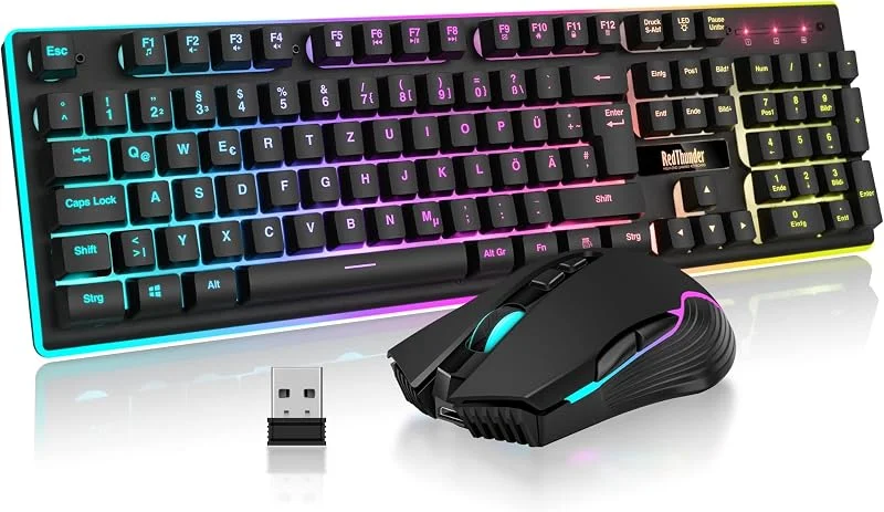 RedThunder K10 Trådlöst speltangentbord och mus-set, QWERTZ DE-layout, 3000 mAh batterikapacitet och 3200 DPI för spelare (Svart) — Datortillbehör