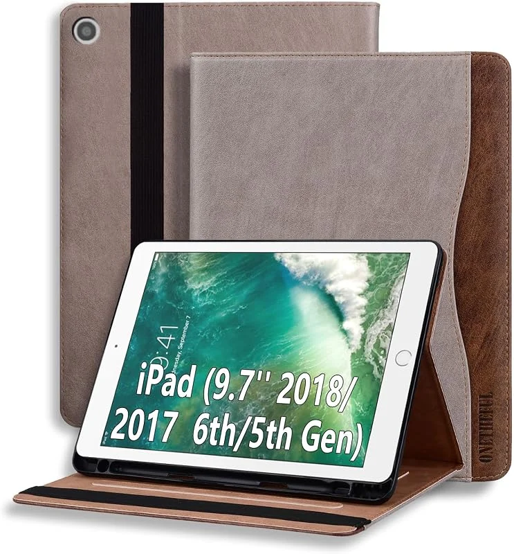 Fodral för iPad 9, 7 tum 6:e generationen 2018, 5:e generationen 2017, iPad Air 1, 2, premium PU-läder vikbart stativ skyddsfodral med pennhållare och dokumentfack, automatisk vila, väck kaki — Mobil och surfplatta
