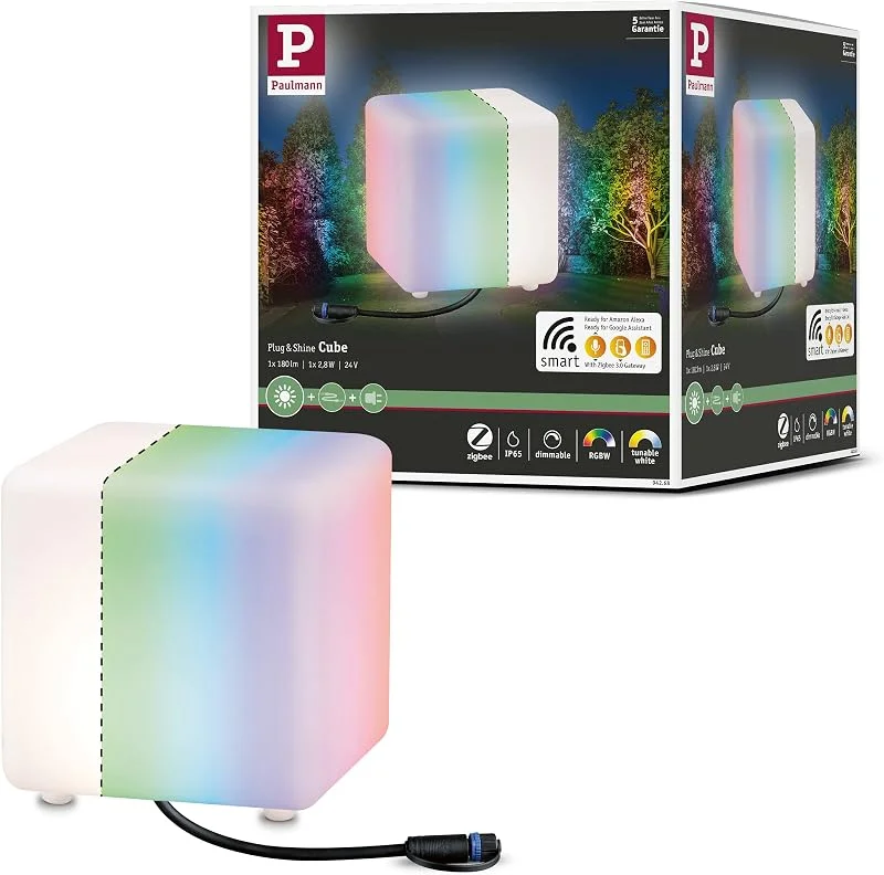 Paulmann 94268 Plug & Shine LED utomhusbelysning Zigbee ljusobjekt Cube RGBW inkl. 1x2, 8 W dimbar IP65 vit trädgårdsbelysning plast 3000 K — Smart belysning