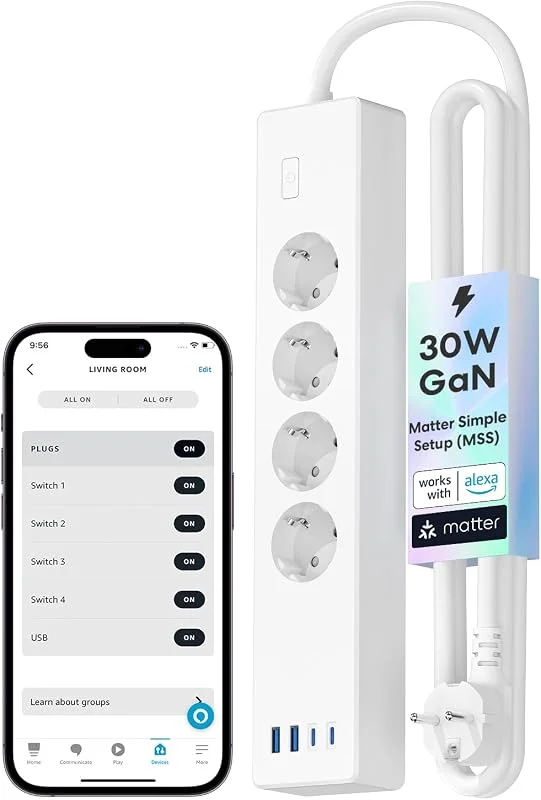 Meross Matter USB C grenuttag 30W, WLAN snabbladdare USB C Intelligent grenuttag Multiplug, kompatibel med Alexa, Apple HomeKit och Google, 16A, FFS Ver. — Smarta hem