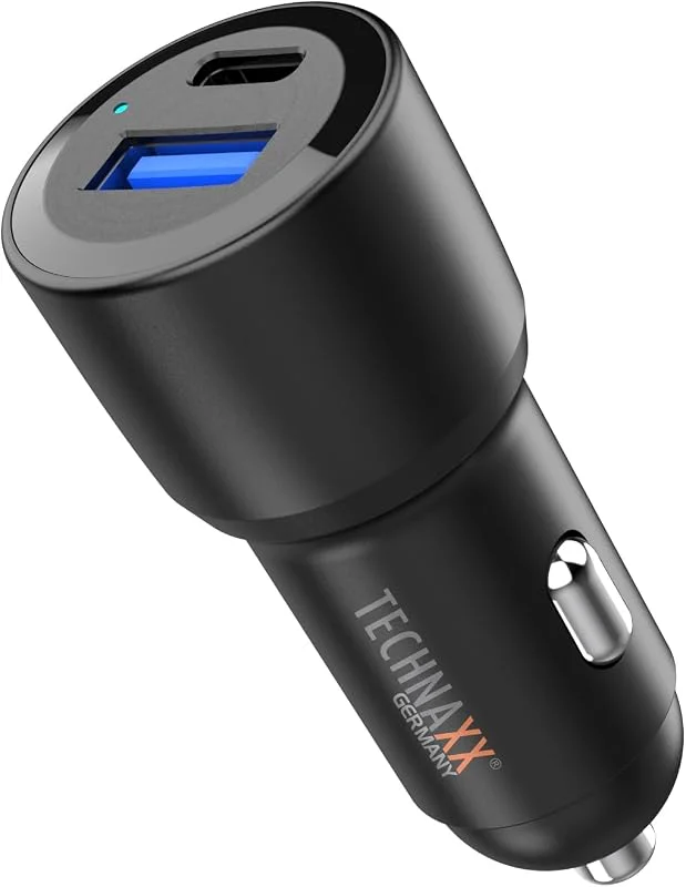 Technaxx Dual Car Charger 60W, 2-portars cigarettändaruttagsadapter TX-306 med USB Type-C & USB-A-utgång, PD 30W & QC3.0, PPS dynamisk laddning, 12-24V Input — Mobil och surfplatta