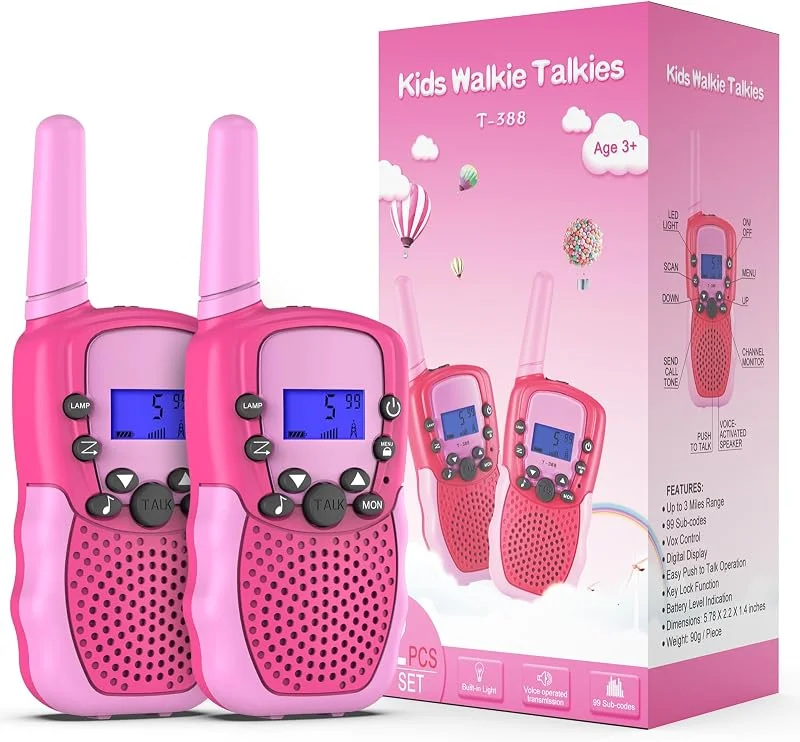 Kearui Leksak 3–12 år för flickor, Walkie Talkies för barn, 8-kanals radioapparat med VOX-funktion, LED-ficklampa, 3 mil räckvidd för utomhusäventyr, camping, vandring (röd rosa) — Portabel digital och ljud