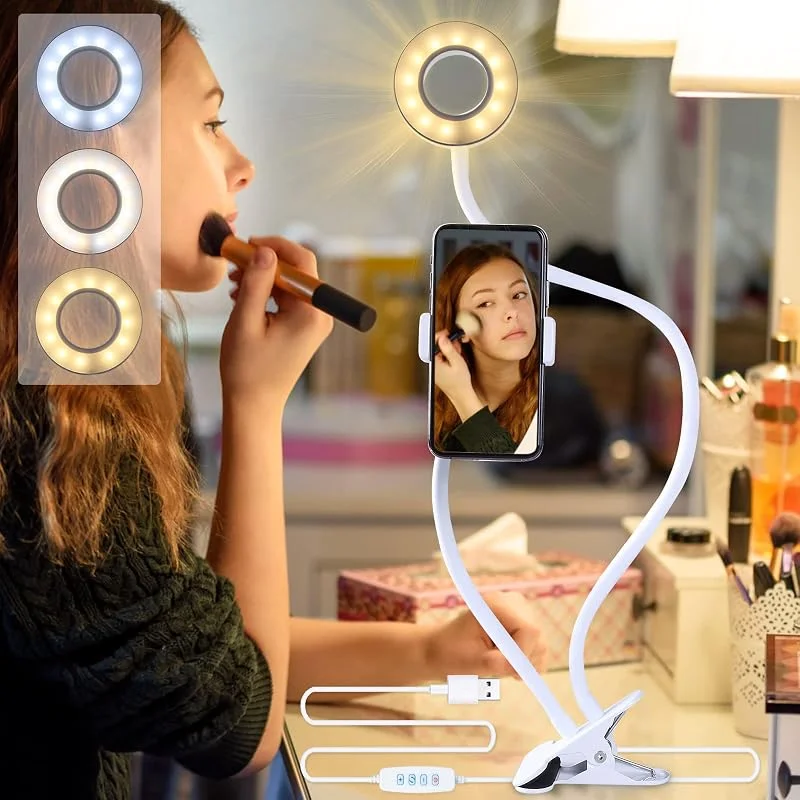 AGM Selfie-ringlampa, 9 cm diameter med 61 cm svanhalsstativ och mobiltelefonhållare sminkljus, telearbete sociala medier livestreaming telefonfäste — Mobil och surfplatta