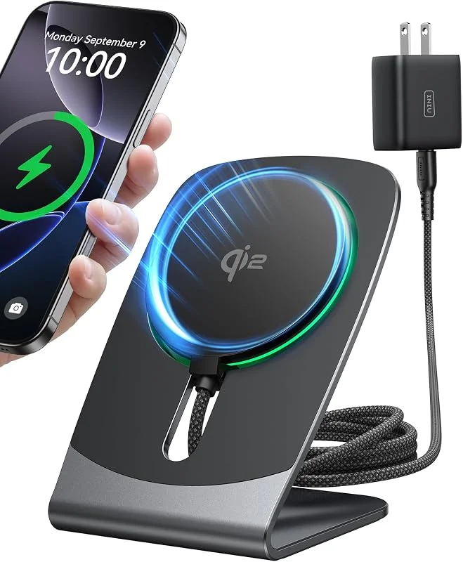 INIU Trådlös laddare för iPhone, 15 W Qi2-certifierad, magnetisk snabbladdningsbas och mobilstativ, Mag-Safe Wireless Charger för iPhone 17 16 15 14 13 Pro Max Mini AirPods 4 3 (med adapter — Mobil och surfplatta