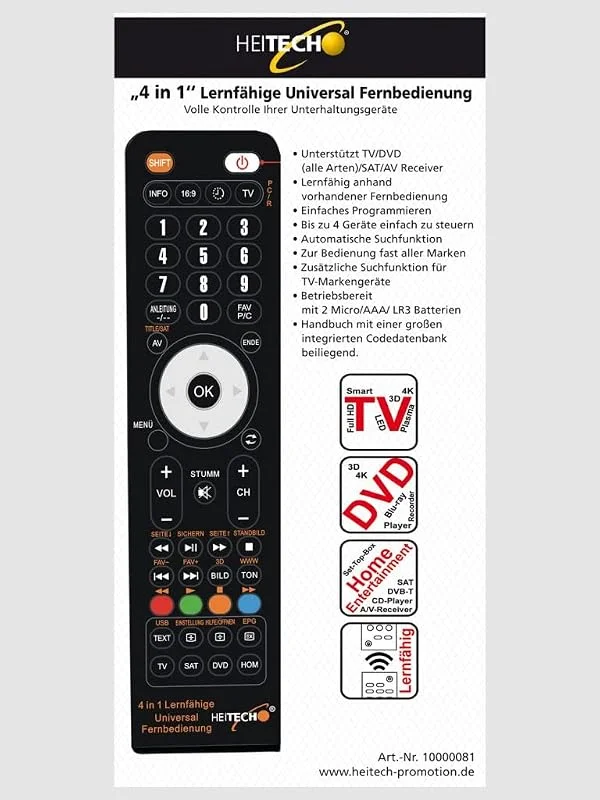 HEITECH Universal fjärrkontroll för 4 enheter – 4-i-1 lärbar universalfjärrkontroll för Smart TV, DVD, SAT, AV-mottagare UVM – multifunktionell fjärrkontroll med inlärningsfunktion och för alla märken — TV och streaming