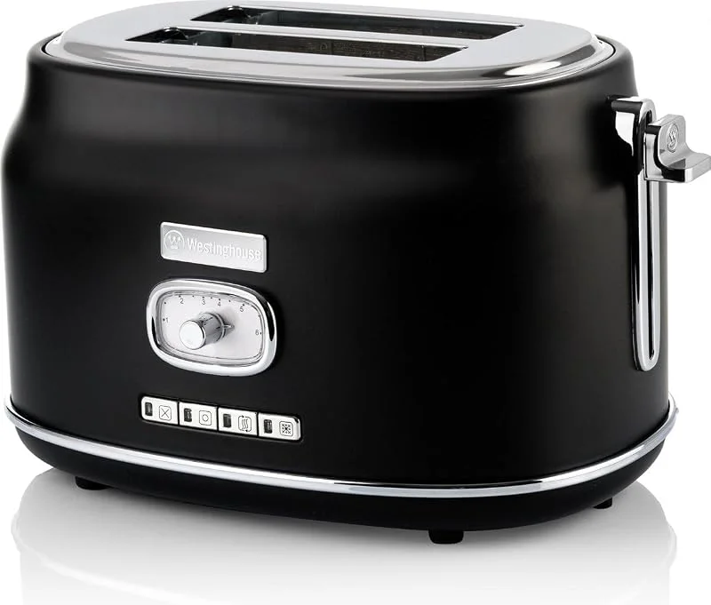 Westinghouse Retro brödrost – 2 skär – extra breda fack – värmehållningshylla – 815 W – svart — Kök & Hushåll