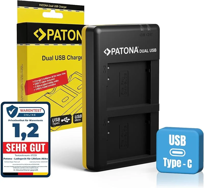 PATONA Dual Batteriladdare USB-C, Micro-USB för Panasonic DMW-BLC12 BLC12E — Laddning och kablar
