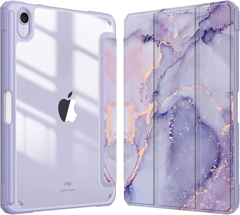 Fintie Hybrid Slim-fodral för iPad Mini 7 (A17 Pro, 7:e gen.) 2024, iPad Mini 6 (6:e gen.) 8, 3 tum [inbyggd pennhållare] stöttåligt fodral, klart transparent baksideskal, ljuslila marmor — Mobil och surfplatta