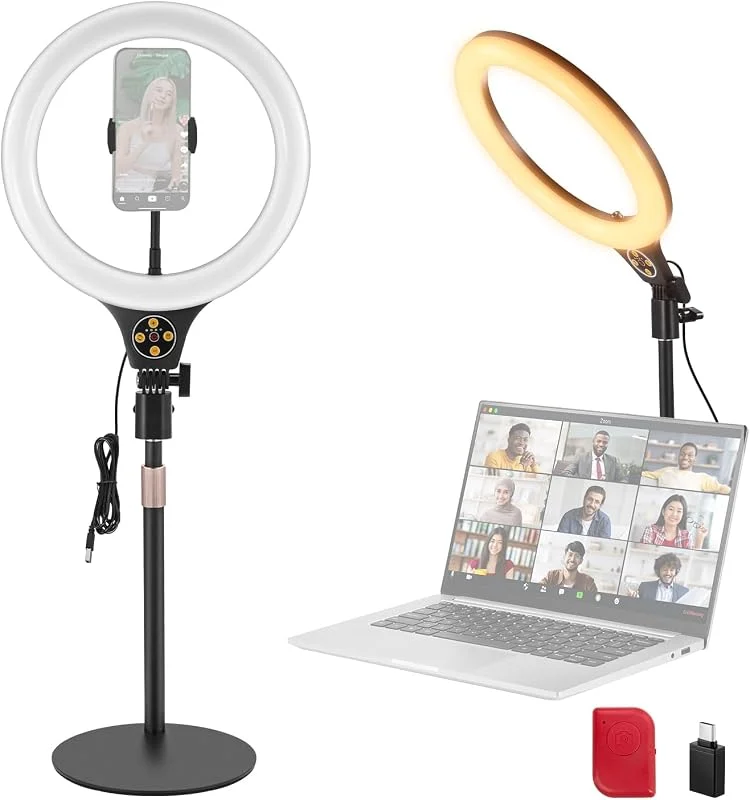 NEEWER Instegsversion 10.5" skrivbordsringlampa med stativ, telefonhållare för iPhone, fjärrkontroll, 10W CRI85+ LED-belysning för streaming, inspelning, makeup, selfie, laptop, videomöte, N22 — Mobil och surfplatta