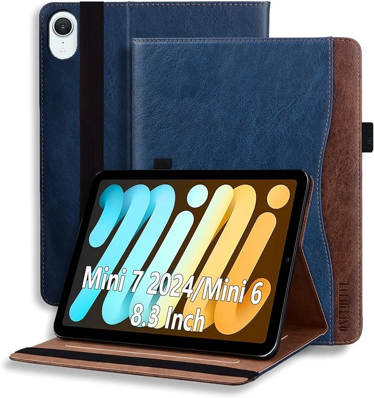 Fodral för iPad Mini 7 (A17 Pro 2024 7th Generation), Mini 6 2021 6th Generation 8, 3" surfplatta fodral med ficka och hållare skyddande PU-läderfodral blå — Mobil och surfplatta