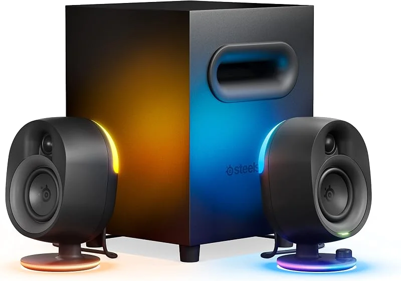 SteelSeries Arena 7 - Belyst 2.1 Gaming-högtalare – 2-vägs högtalardesign – Kraftfull bas, subwoofer – Reaktiv RGB-belysning – USB, Aux, Optisk, Trådbunden – Bluetooth – PC, PlayStation, Mobil, Mac — Hörlurar och ljud