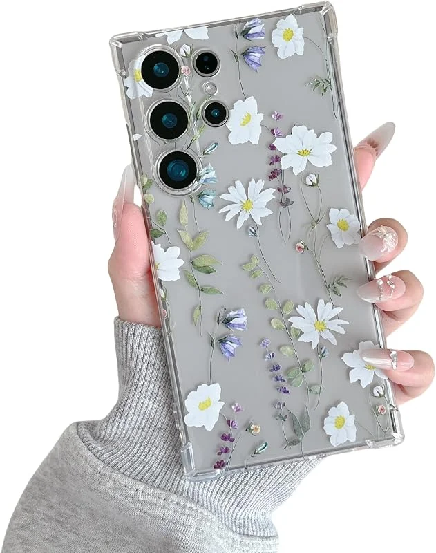 DEFBSC Mjukt fodral kompatibelt med Samsung Galaxy S22 Ultra, klar blommönster tryckdesign för flickor kvinnor flexibel stötsäker TPU stötfångare skyddande telefonfodral – vitt kosmos — Mobil och surfplatta