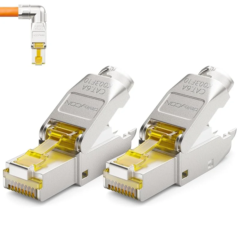 deleyCON 2x Cat 6a Nätverkskontakt 90° Vinkel RJ45 Verktygsfri Skärmad 10 Gbit, s - för Stela Installationskablar, Råkablar - RJ45 Ethernet LAN DSL Patchkabel — Laddning och kablar
