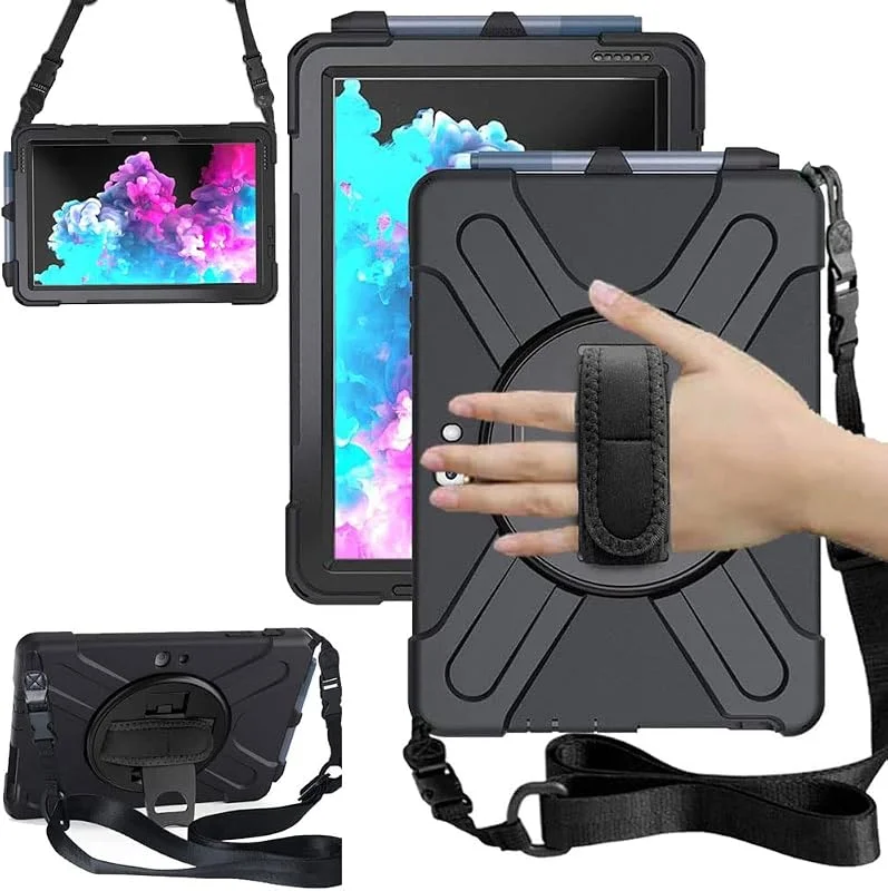 TECHGEAR X-fodral passar Microsoft Surface Go 4, Surface Go 3, 2, 1 10, 5 tum tuff robust kraftig rustning stöttåligt implem, 360 roterande stativ, handrem och axelrem – svart — Mobil och surfplatta