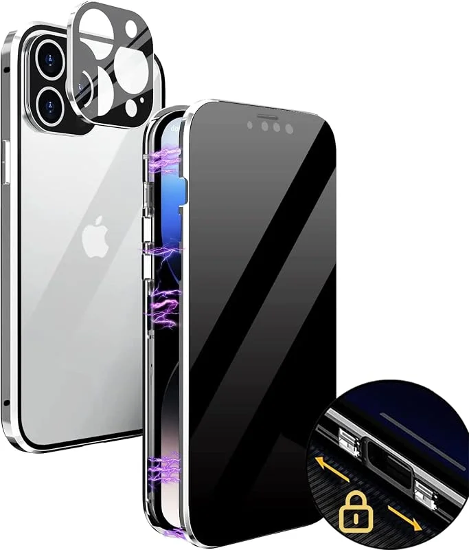 Anti-spion iPhone 12 Pro Max fodral med magnetisk stängning, integrerat härdat glas skärmskydd och kameraskydd 360 grader robust dubbelsidigt fodral integritetsskydd heltäckande - silver — Mobil och surfplatta