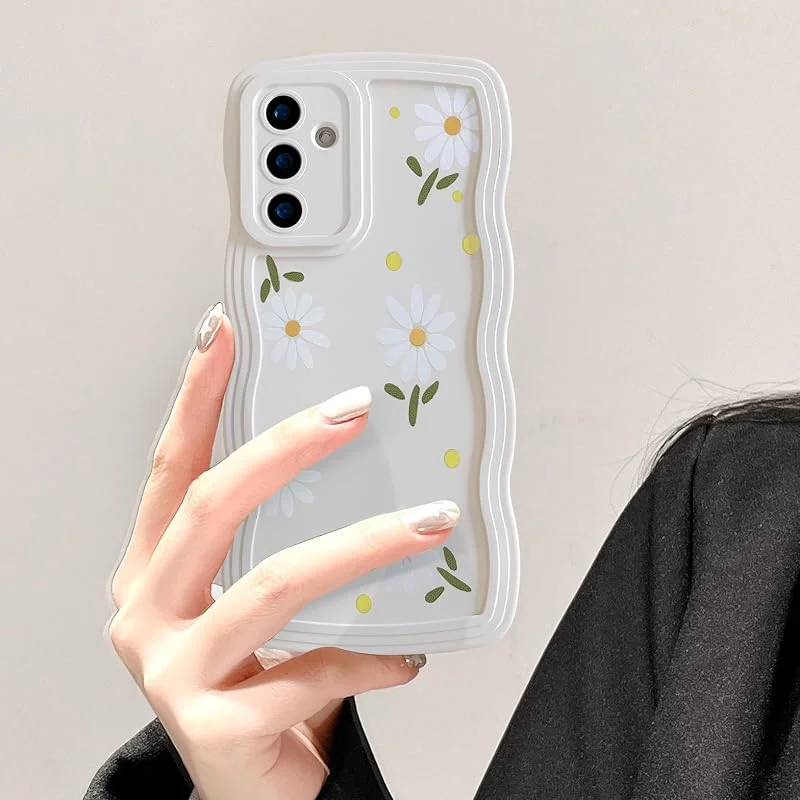 UEEBAI Fodral för Samsung Galaxy A35 5G, Wave Frame Daisy flytande silikonfodral telefonfodral, daisy blomma stötfångare fodral för flickor kvinnor, beige blomma — Mobil och surfplatta