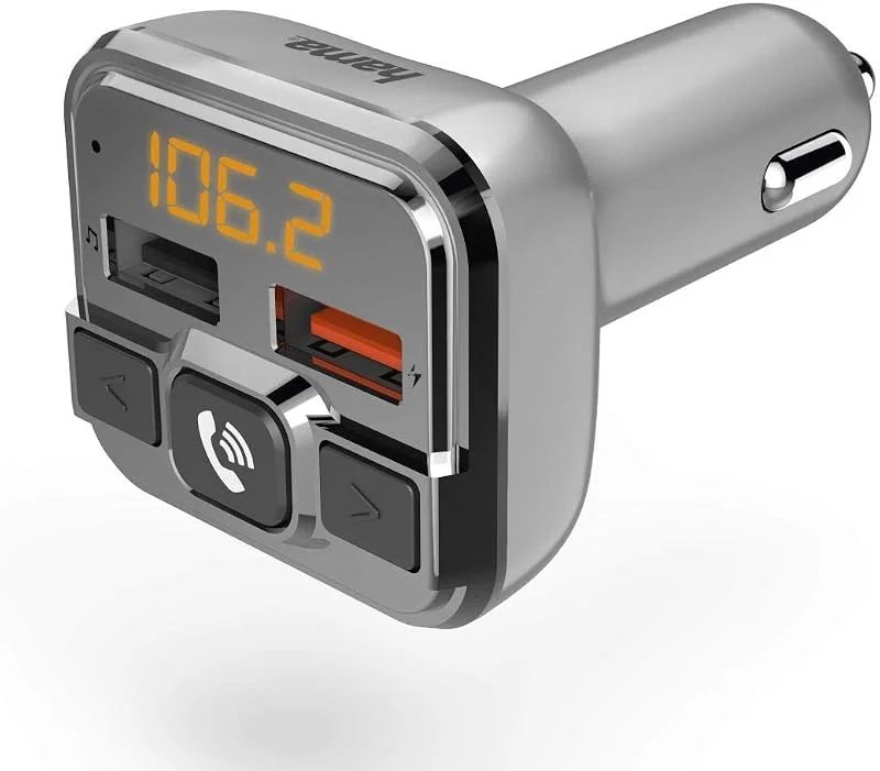 Hama Bluetooth FM-sändare för bilradio med billaddare, handsfree-enhet (biladapter för cigarettändaruttag med anslutningar för microSD, USB-sticka och QC 3.0 för laddning) silver — Portabel digital och ljud