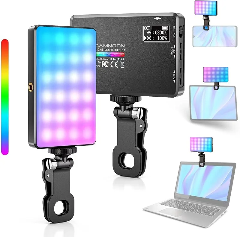 LED-videolampa med klämma, Camnoon Selfie Streaming Light med 120 LED-pärlor 1 000 lux, 2 500K-9000K, 20 ljuseffekter, 117G bärbart fototelefonljus för utomhusbruk, TikTok-filmning — Mobil och surfplatta