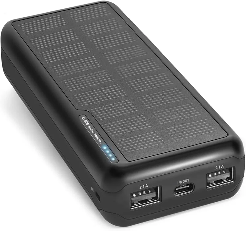 SBS Solar PowerBank, 20000mAh, Power Bank med Solpanel, Snabb Laddning, Intelligent Charge (IC), Status LED, USB-C, USB-A, Bärbar Reseladdare, Kompakt Design, Svart — Mobil och surfplatta