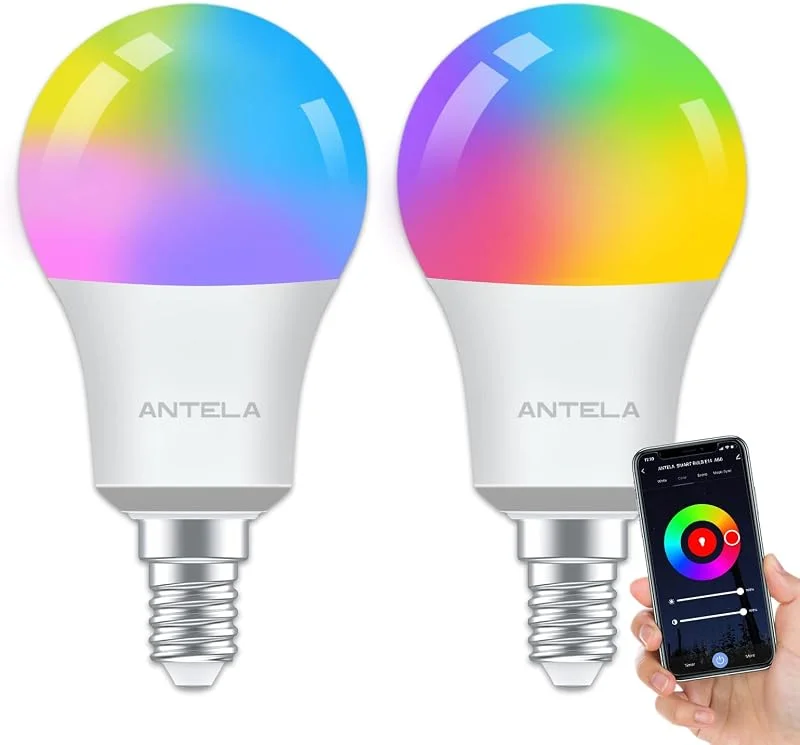 ANTELA Smart Wifi Glödlampa E14, 8W, 806 Lumen, 16 Miljoner Färger, 2700-6500K, Smarta Lampor Kompatibel med Alexa, Google Home, Fjärrstyrning, Scheman och Timers, 2 Pack — Smarta hem