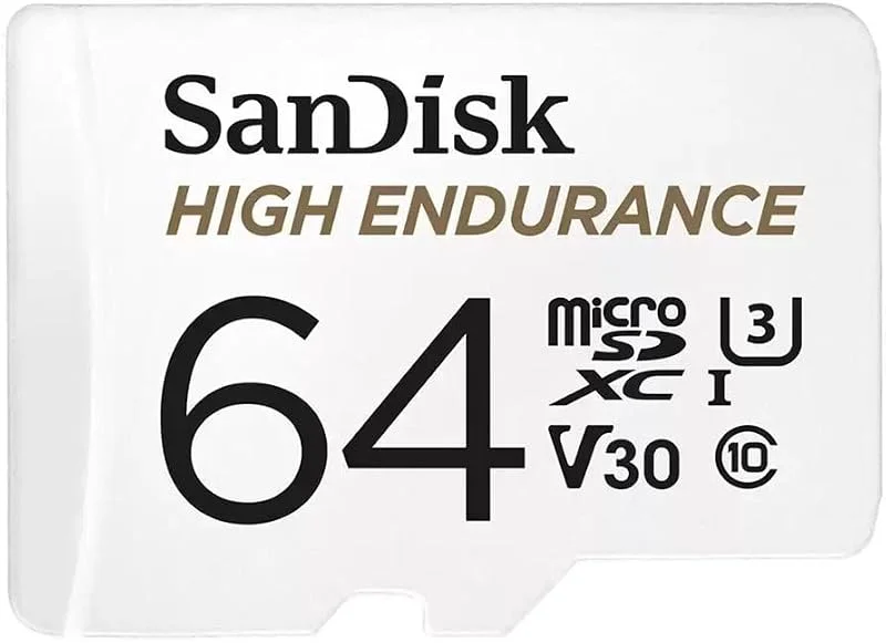 SanDisk HIGH ENDURANCE Videoövervakning för instrumentkameror och hemövervakning 64 GB microSDXC-minneskort+SD-adapter, upp till 100 MB, s läsning och 40 MB, s skrivning, klass 10, U3, V30, vit — Mobil och surfplatta