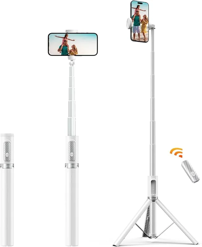 ATUMTEK Selfie Stick stativ 157 cm, utdragbart aluminium mobiltelefonstativ med Bluetooth-fjärrkontroll, kompatibel med iPhone Samsung och Android-telefoner, perfekt för videor och foton, vit — Mobil och surfplatta