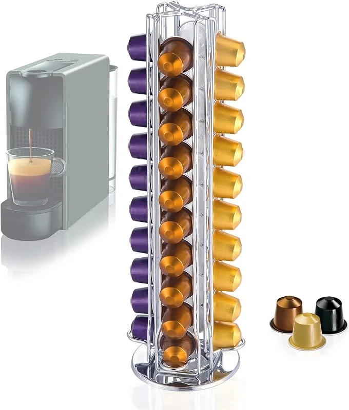 Kapselhållare roterande för 40 Nespresso-kapslar, roterande kaffekapselstativ för Original Line kaffekuddar, stativ för kaffekapslar silver krom hållbar — Kök & Hushåll