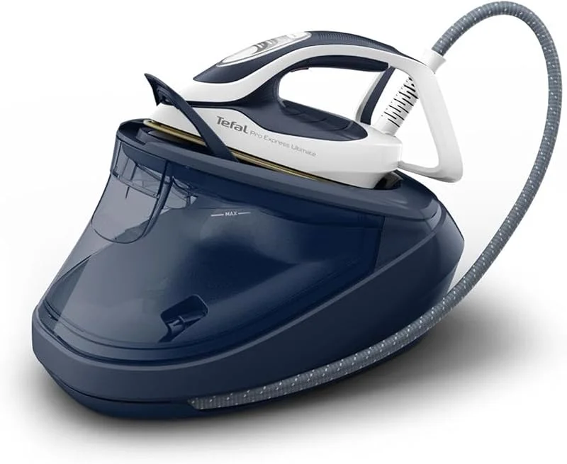 Tefal Pro Express Ultimate Ångstrykstation, kraftfull 8-bar-tryck, konstant ångutgång 170 g, min, ångpuff 590 g, min, avtagbar kalkkollektor, ångstrykjärn, vit, blå, GV9720 — Hushållselektronik