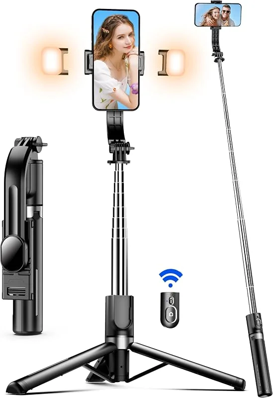 Selfie Stick med förbättrat stativ, Selfie Stick Tripod med 2 fyllningsljus, extra lång 115cm Mobiltelefonstativ med avtagbar fjärrkontroll, kompatibel med iPhone Samsung etc, Action Camera GoPro — Mobil och surfplatta