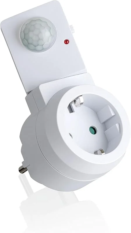 SEBSON Mellankontakt med Rörelsedetektor, roterbar Sensor, Schuko kontakt 230V, Rörelsesensor uttag programmerbar, max. 1000W LED, IP20 — Smarta hem